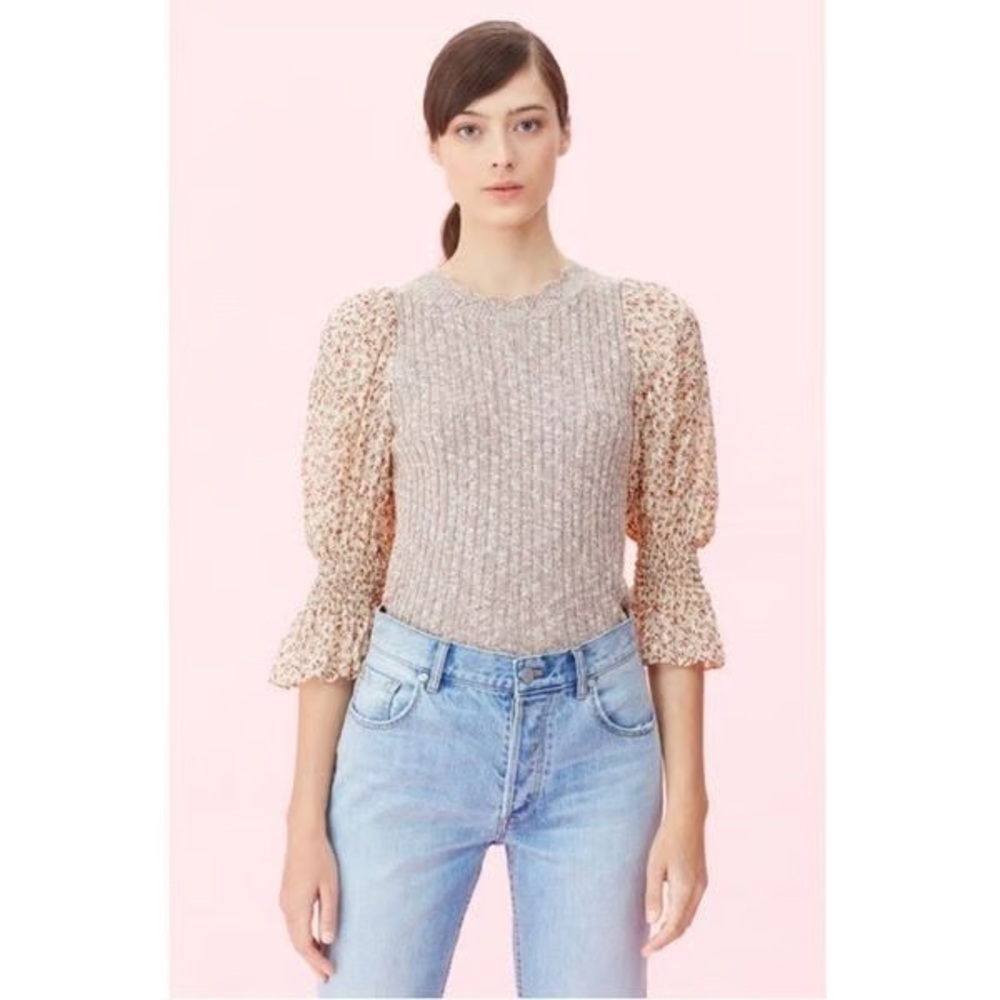 Francesca’s Floral Sleeve Ribbed Pullover Top Size XS – Romantic Boho Style